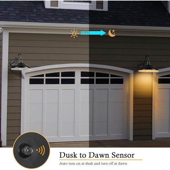 Dusk to Dawn Gooseneck Barn Light Outdoor, 16 Inch Farmhouse Wall Sconce, Vintage Exterior Wall Mount Lighting Fixture, Waterproof Black Lantern for Porch Garage
