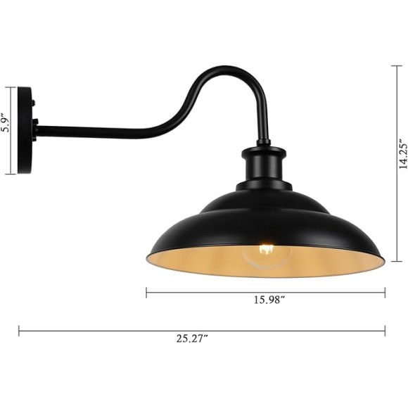 Dusk to Dawn Gooseneck Barn Light Outdoor, 16 Inch Farmhouse Wall Sconce, Vintage Exterior Wall Mount Lighting Fixture, Waterproof Black Lantern for Porch Garage