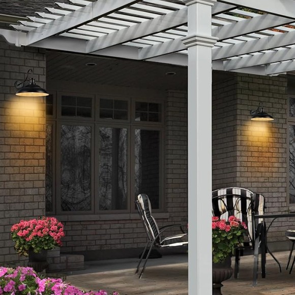Dusk to Dawn Gooseneck Barn Light Outdoor, 16 Inch Farmhouse Wall Sconce, Vintage Exterior Wall Mount Lighting Fixture, Waterproof Black Lantern for Porch Garage