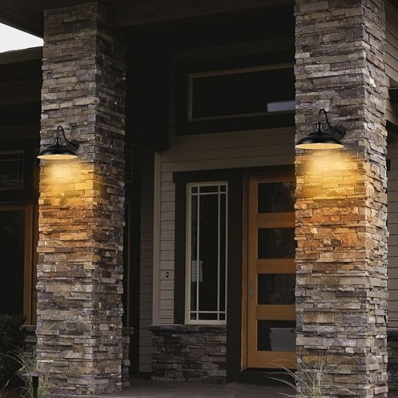 Dusk to Dawn Gooseneck Barn Light Outdoor, 16 Inch Farmhouse Wall Sconce, Vintage Exterior Wall Mount Lighting Fixture, Waterproof Black Lantern for Porch Garage