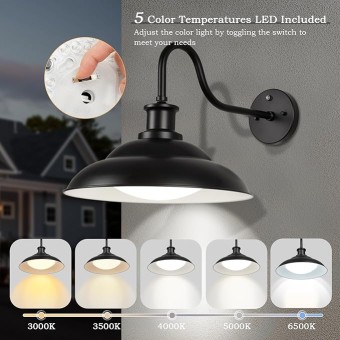 Dusk to Dawn Outdoor LED Barn Lights, 16 Inch Large Farmhouse Gooseneck Exterior Wall Light Fixtures with Adjustable Color Temperature, Modern Black White Porch Lights Outside for House Garage Doorway