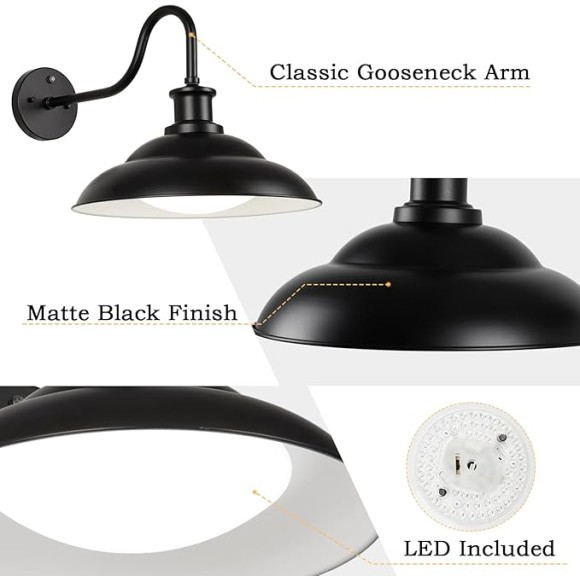 Dusk to Dawn Outdoor LED Barn Lights, 16 Inch Large Farmhouse Gooseneck Exterior Wall Light Fixtures with Adjustable Color Temperature, Modern Black White Porch Lights Outside for House Garage Doorway