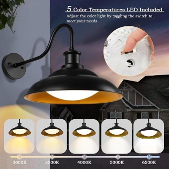 Outdoor LED Barn Lights, 16 Inch Large Farmhouse Gooseneck Exterior Wall Mount Light with 5 Color Temperatures Industrial Black Porch Light Outside for Garage Doorway, 2 Pack