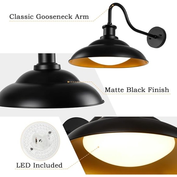 Outdoor LED Barn Lights, 16 Inch Large Farmhouse Gooseneck Exterior Wall Mount Light with 5 Color Temperatures Industrial Black Porch Light Outside for Garage Doorway, 2 Pack