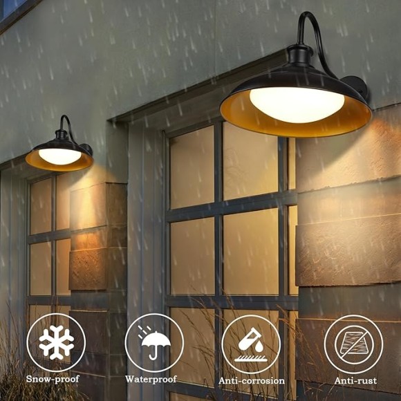 Outdoor LED Barn Lights, 16 Inch Large Farmhouse Gooseneck Exterior Wall Mount Light with 5 Color Temperatures Industrial Black Porch Light Outside for Garage Doorway, 2 Pack