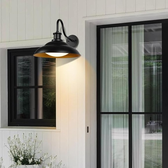 Outdoor LED Barn Lights, 16 Inch Large Farmhouse Gooseneck Exterior Wall Mount Light with 5 Color Temperatures Industrial Black Porch Light Outside for Garage Doorway, 2 Pack