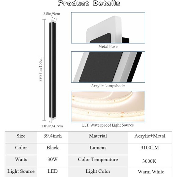 2 Pack 39.4in Long Outdoor Wall Light,Modern LED Exterior Wall Sconce IP65 Waterproof 3000K Linear Exterior Wall Mount Lighting for Garage Porch
