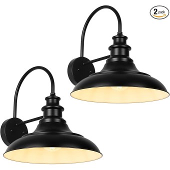 Outdoor Barn Light Fixtures, 16 Inch Large Dome Farmhouse Exterior Wall Mount Lights, Rustic Gooseneck Wall Sconces Indoor Wall Lighting, Industrial Black White Lanterns for Porch, 2 Pack