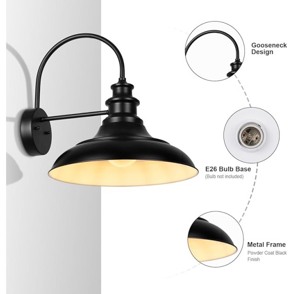 Outdoor Barn Light Fixtures, 16 Inch Large Dome Farmhouse Exterior Wall Mount Lights, Rustic Gooseneck Wall Sconces Indoor Wall Lighting, Industrial Black White Lanterns for Porch, 2 Pack