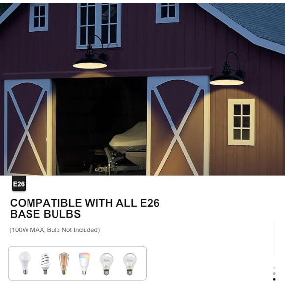 Outdoor Barn Light Fixtures, 16 Inch Large Dome Farmhouse Exterior Wall Mount Lights, Rustic Gooseneck Wall Sconces Indoor Wall Lighting, Industrial Black White Lanterns for Porch, 2 Pack