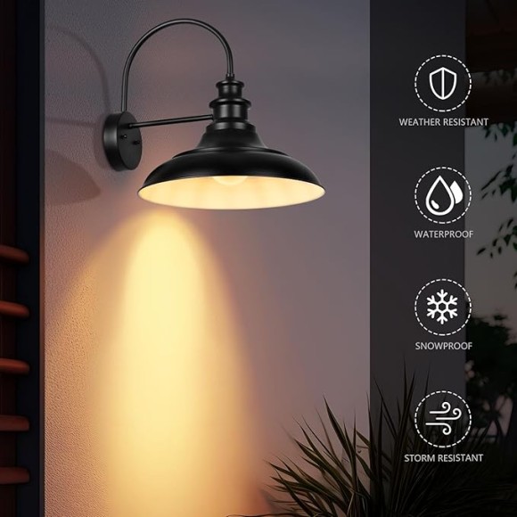 Outdoor Barn Light Fixtures, 16 Inch Large Dome Farmhouse Exterior Wall Mount Lights, Rustic Gooseneck Wall Sconces Indoor Wall Lighting, Industrial Black White Lanterns for Porch, 2 Pack