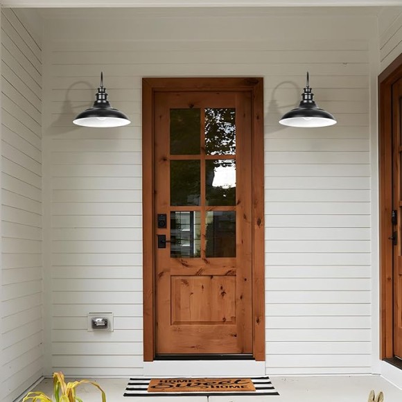 Outdoor Barn Light Fixtures, 16 Inch Large Dome Farmhouse Exterior Wall Mount Lights, Rustic Gooseneck Wall Sconces Indoor Wall Lighting, Industrial Black White Lanterns for Porch, 2 Pack