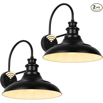 Dusk to Dawn Sensor Outdoor Barn Light Fixtures, 16 Inch Dome Farmhouse Outdoor Wall Sconces, Rustic Gooseneck Exterior Wall Mount Lights, Industrial Black White Lanterns for Porch, 2 Pack
