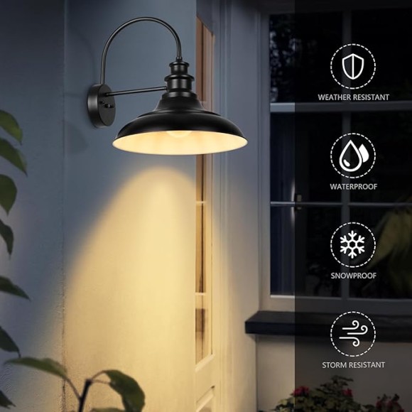 Dusk to Dawn Sensor Outdoor Barn Light Fixtures, 16 Inch Dome Farmhouse Outdoor Wall Sconces, Rustic Gooseneck Exterior Wall Mount Lights, Industrial Black White Lanterns for Porch, 2 Pack
