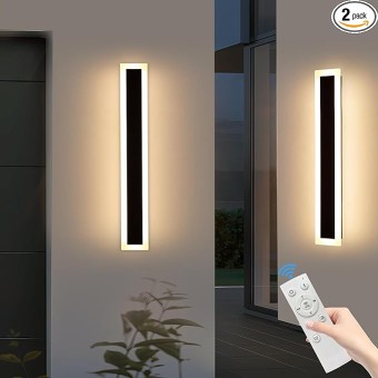 Upgrade Widened 2 Pack 23.6inch Outdoor Wall Sconce, Dimmable Modern LED Wall Light, 3000K-6000K, IP65 Waterproof, Black Wall Mount Lighting for Exterior Home, Porch, Garage with Remote Control