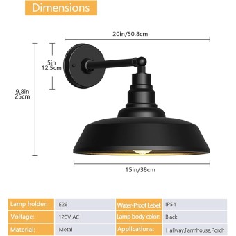 15" Large Gooseneck Barn Lights - Gooseneck Outdoor Lights Stylish Black Wall Lights, Farmhouse and Garage Porch Lights 2-Pack