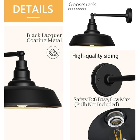 15" Large Gooseneck Barn Lights - Gooseneck Outdoor Lights Stylish Black Wall Lights, Farmhouse and Garage Porch Lights 2-Pack