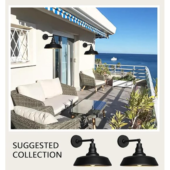 15" Large Gooseneck Barn Lights - Gooseneck Outdoor Lights Stylish Black Wall Lights, Farmhouse and Garage Porch Lights 2-Pack