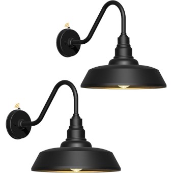 15 Inch Large Outdoor Gooseneck Barn Light, Dusk to Dawn Barn Lights 2-Pack, Exterior Classic Black Barn Light for Porch, Farmhouse, Garage, Gooseneck Lighting