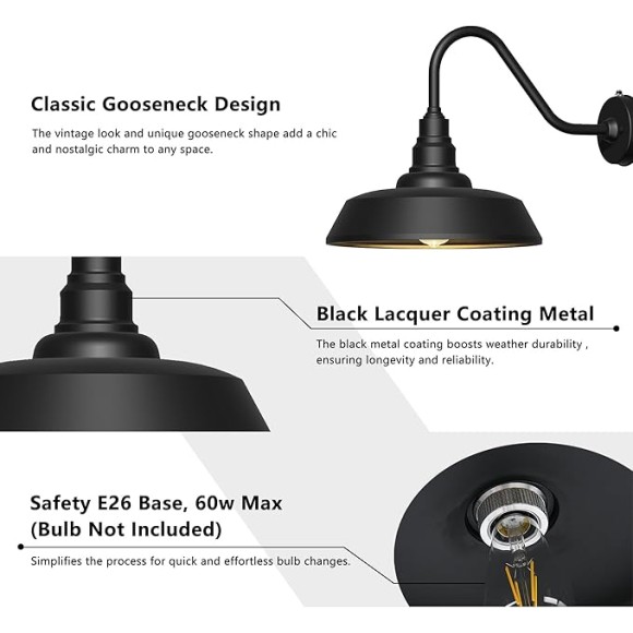 15 Inch Large Outdoor Gooseneck Barn Light, Dusk to Dawn Barn Lights 2-Pack, Exterior Classic Black Barn Light for Porch, Farmhouse, Garage, Gooseneck Lighting