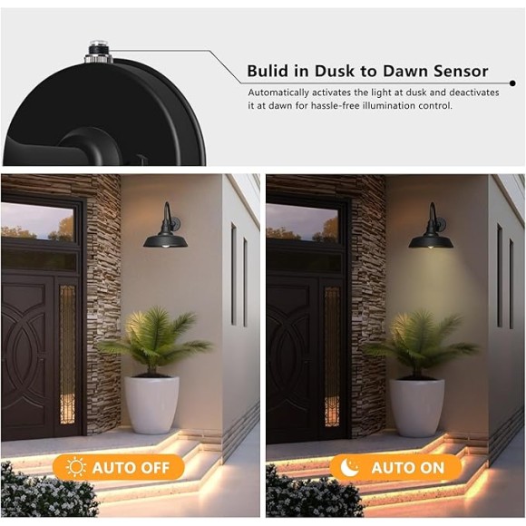 15 Inch Large Outdoor Gooseneck Barn Light, Dusk to Dawn Barn Lights 2-Pack, Exterior Classic Black Barn Light for Porch, Farmhouse, Garage, Gooseneck Lighting