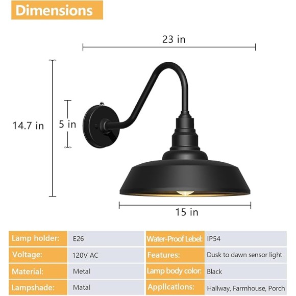 15 Inch Large Outdoor Gooseneck Barn Light, Dusk to Dawn Barn Lights 2-Pack, Exterior Classic Black Barn Light for Porch, Farmhouse, Garage, Gooseneck Lighting