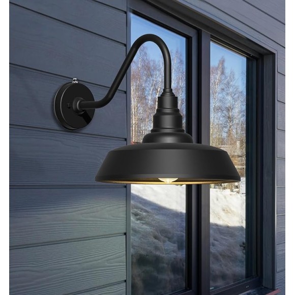 15 Inch Large Outdoor Gooseneck Barn Light, Dusk to Dawn Barn Lights 2-Pack, Exterior Classic Black Barn Light for Porch, Farmhouse, Garage, Gooseneck Lighting