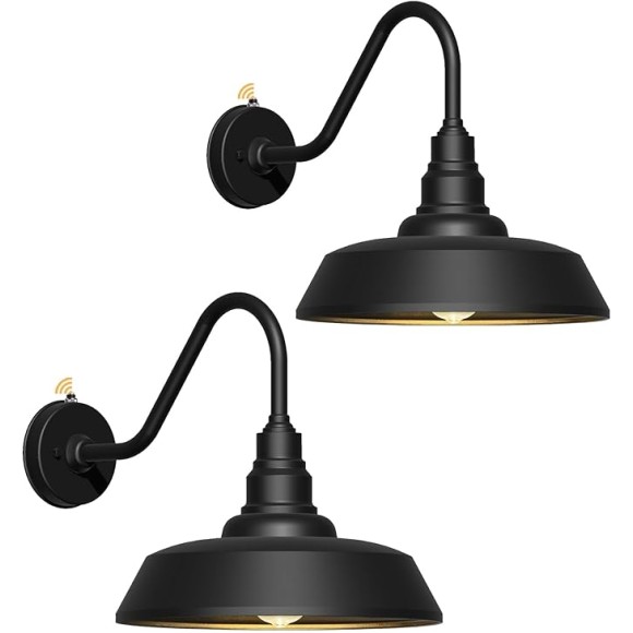 15 Inch Large Outdoor Gooseneck Barn Light, Dusk to Dawn Barn Lights 2-Pack, Exterior Classic Black Barn Light for Porch, Farmhouse, Garage, Gooseneck Lighting