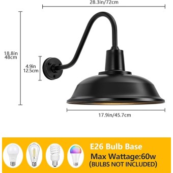 Large 18" Black Vintage Industrial Barn Gooseneck Light, Classic Farmhouse Barn Light Outdoor Porch Light for Garage, Patio