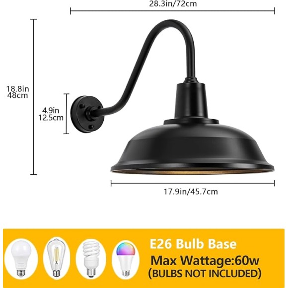 Large 18" Black Vintage Industrial Barn Gooseneck Light, Classic Farmhouse Barn Light Outdoor Porch Light for Garage, Patio